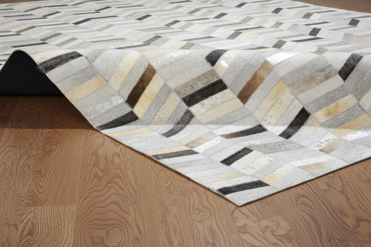 Metallic Chevron Handmade Leather Gray Rug - Modern Striped Patchwork Cowhide Rug 9063922303125