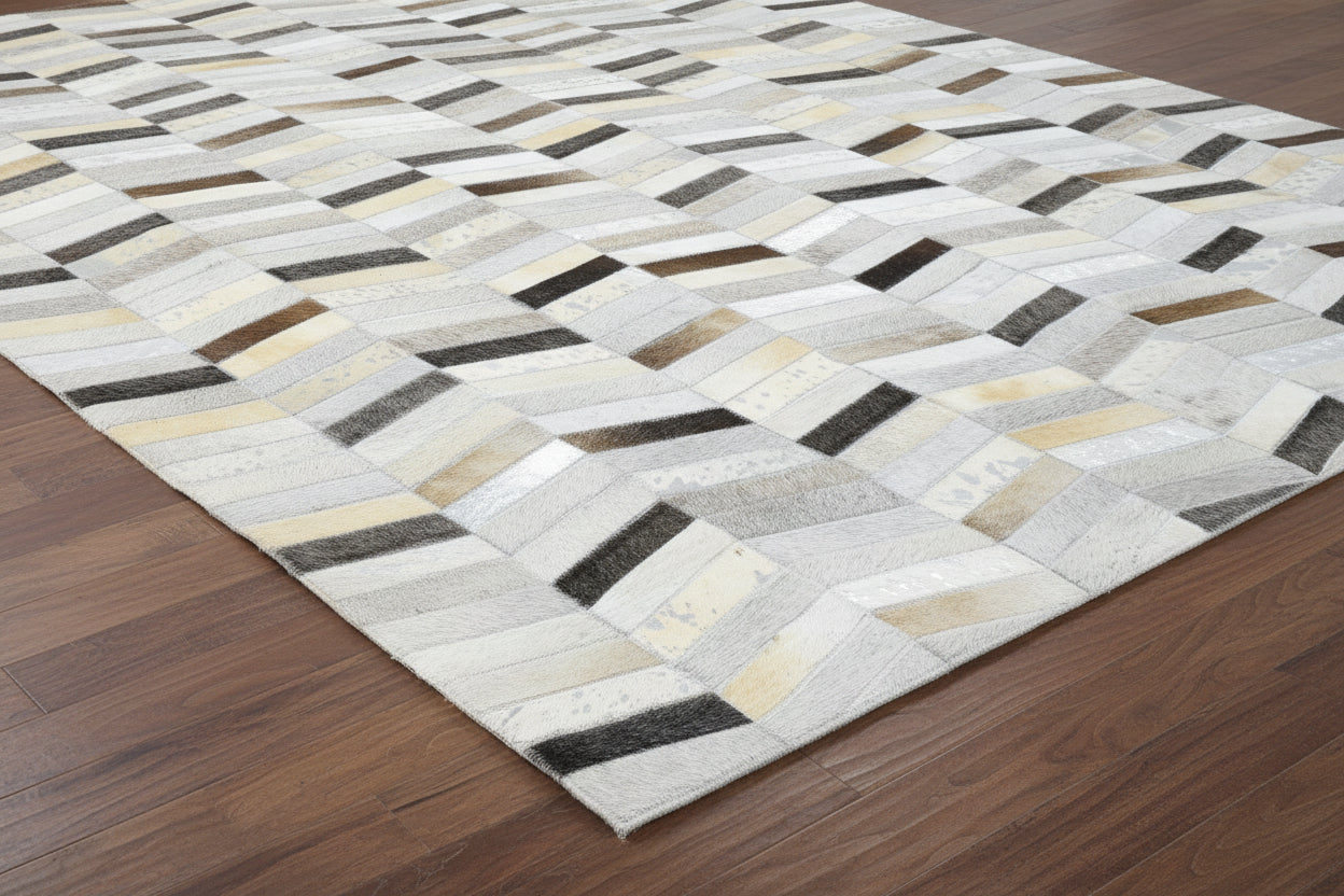 Metallic Chevron Handmade Leather Gray Rug - Modern Striped Patchwork Cowhide Rug 9063922303125