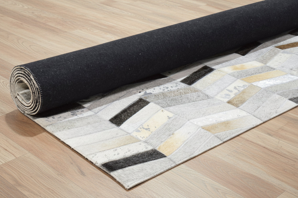 Metallic Chevron Handmade Leather Gray Rug - Modern Striped Patchwork Cowhide Rug 9063922303125