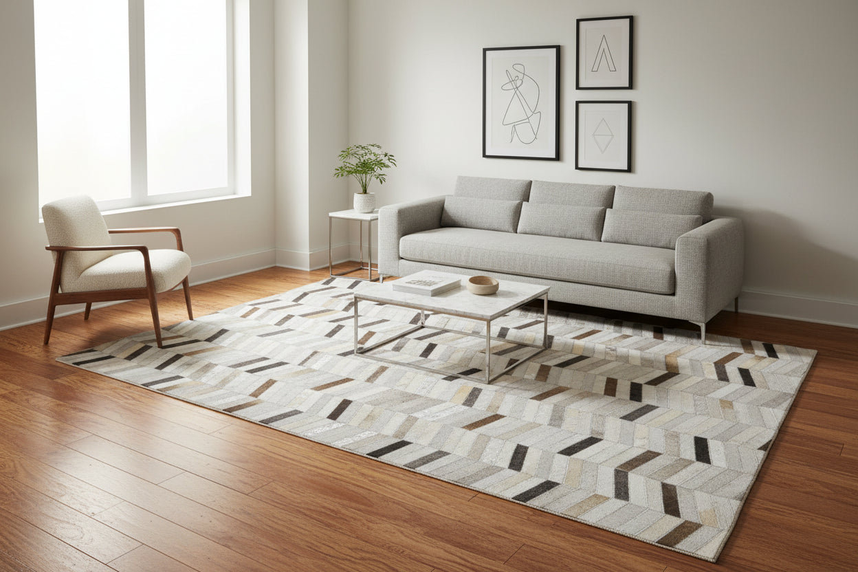 Metallic Chevron Handmade Leather Gray Rug - Modern Striped Patchwork Cowhide Rug 9063922303125