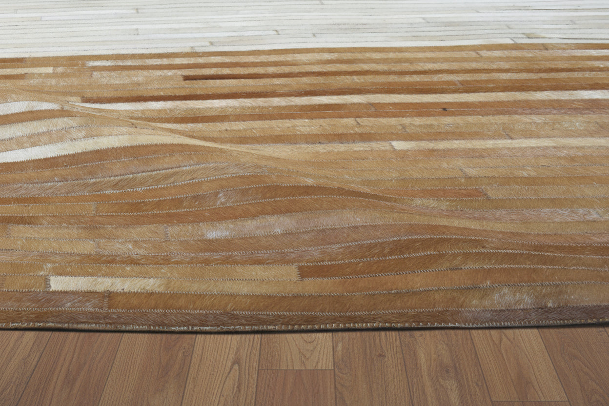 Modern Brown & Ivory Cowhide Leather Rug – Handmade Striped Patchwork Area Rug 9061012963477