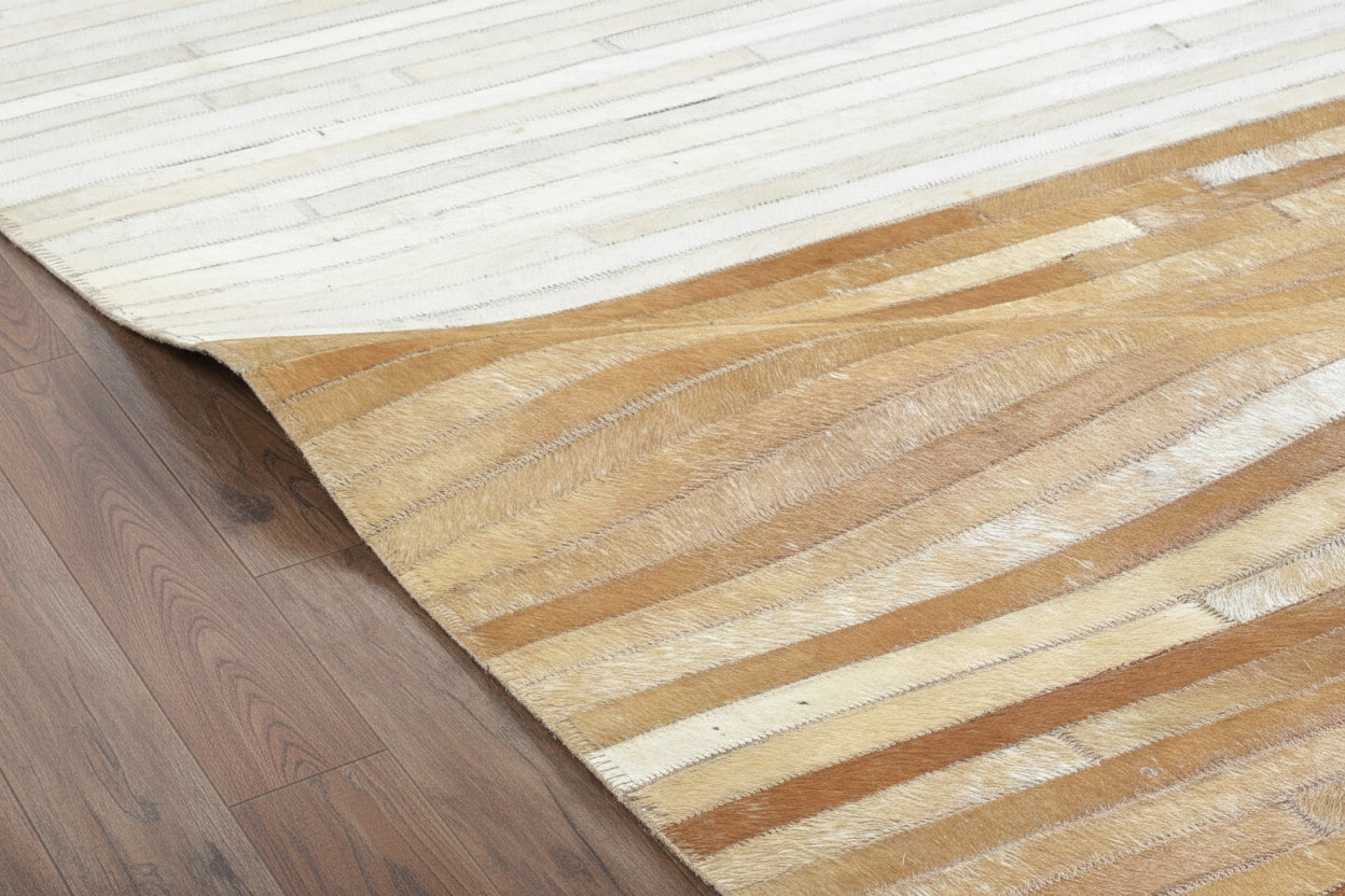 Modern Brown & Ivory Cowhide Leather Rug – Handmade Striped Patchwork Area Rug 9061012963477