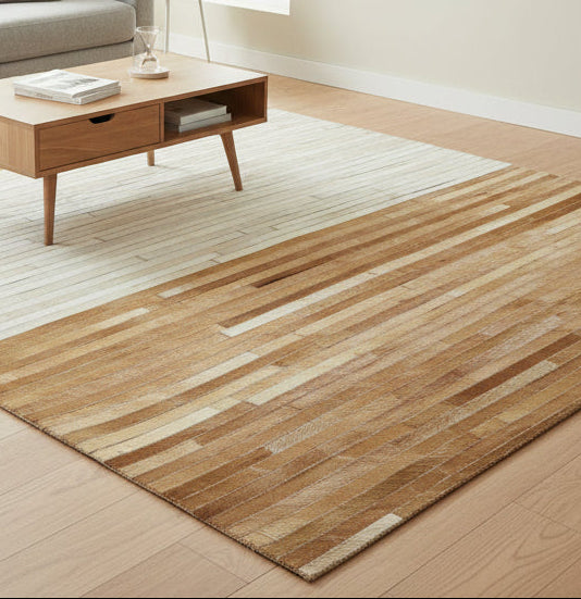 Modern Brown & Ivory Cowhide Leather Rug – Handmade Striped Patchwork Area Rug 9061012963477