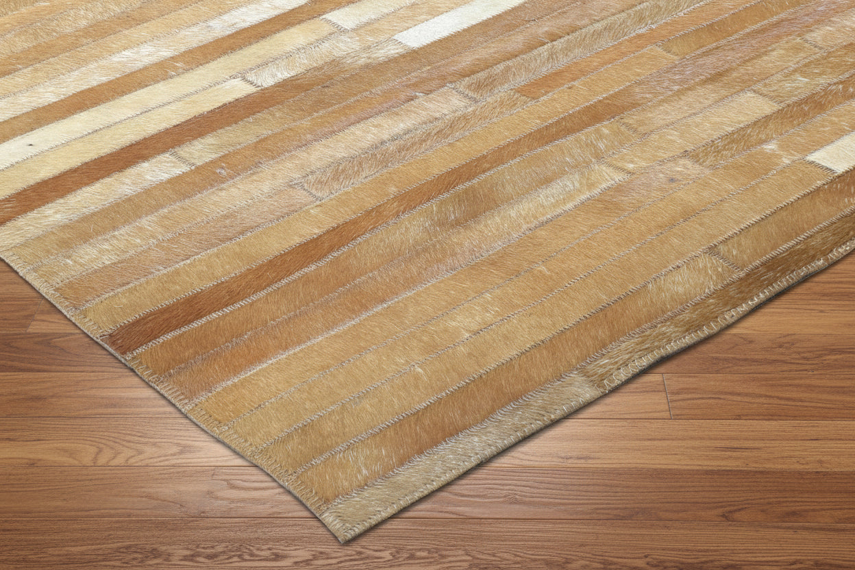 Modern Brown & Ivory Cowhide Leather Rug – Handmade Striped Patchwork Area Rug 9061012963477
