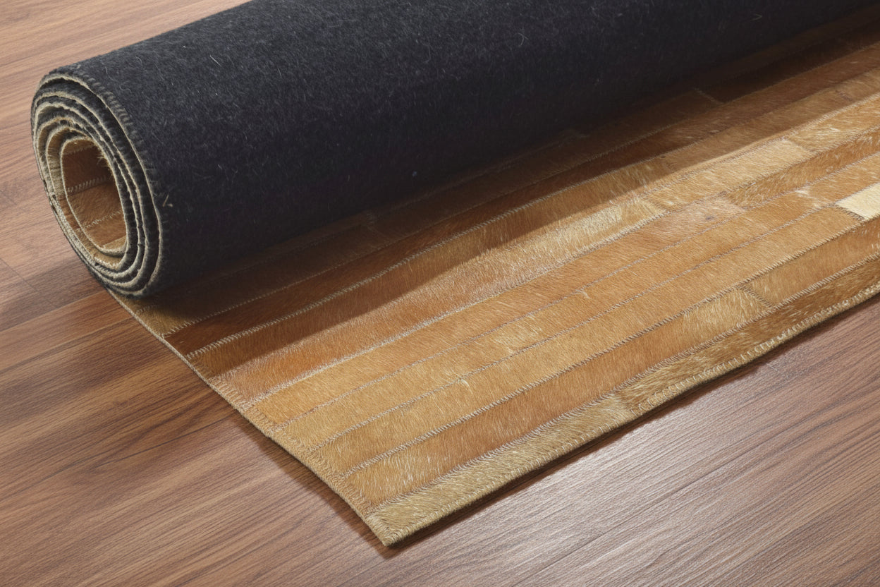 Modern Brown & Ivory Cowhide Leather Rug – Handmade Striped Patchwork Area Rug 9061012963477