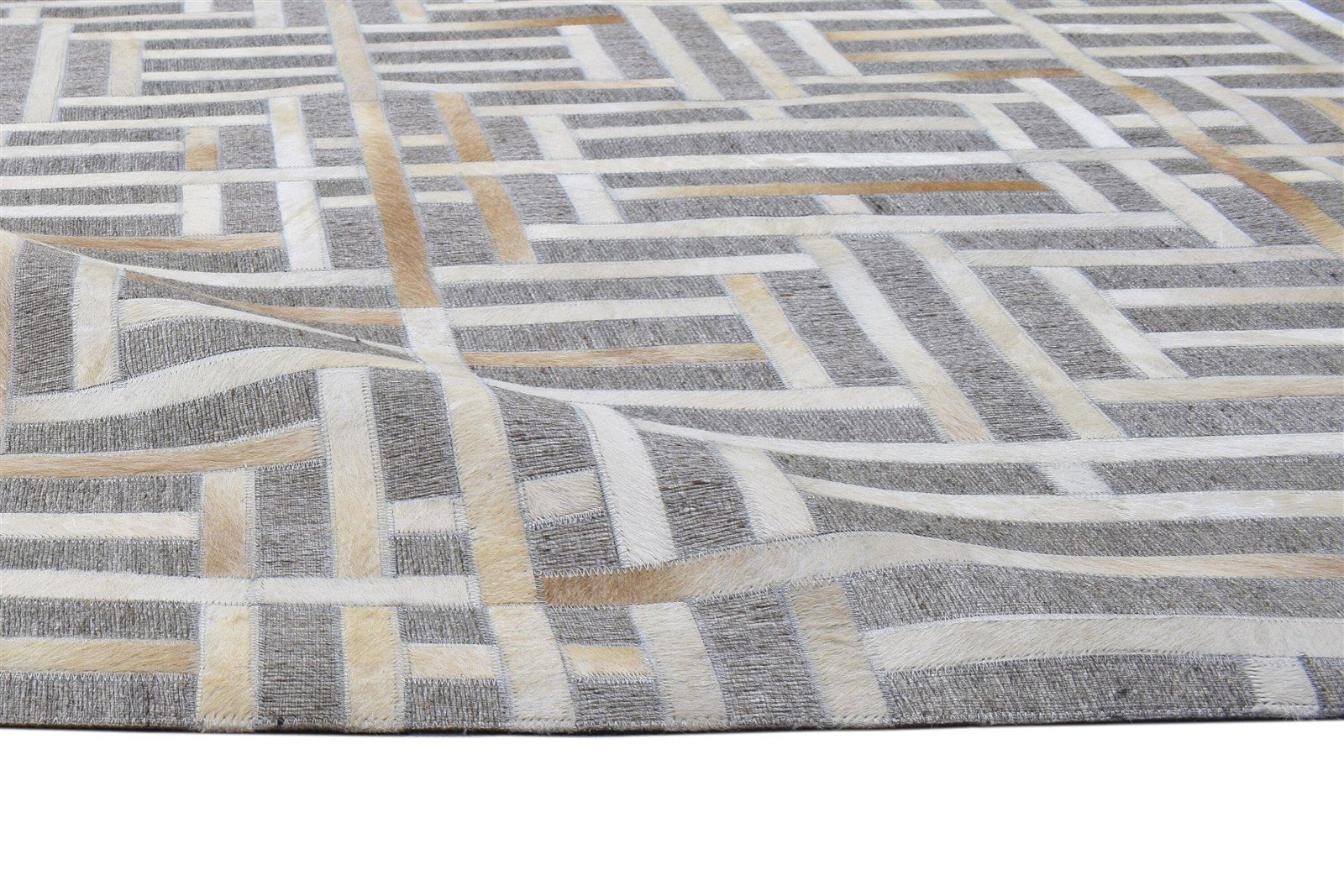 Modern Gray / Ivory Leather Rug, Cowhide Rug Large, Patchwork Rug, Area Rug Carpet 8620216090773