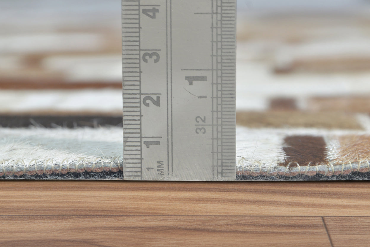 Mosaic Brown & Ivory Handmade Leather Rug – Modern Block Cowhide Patchwork Rug 9062090375317