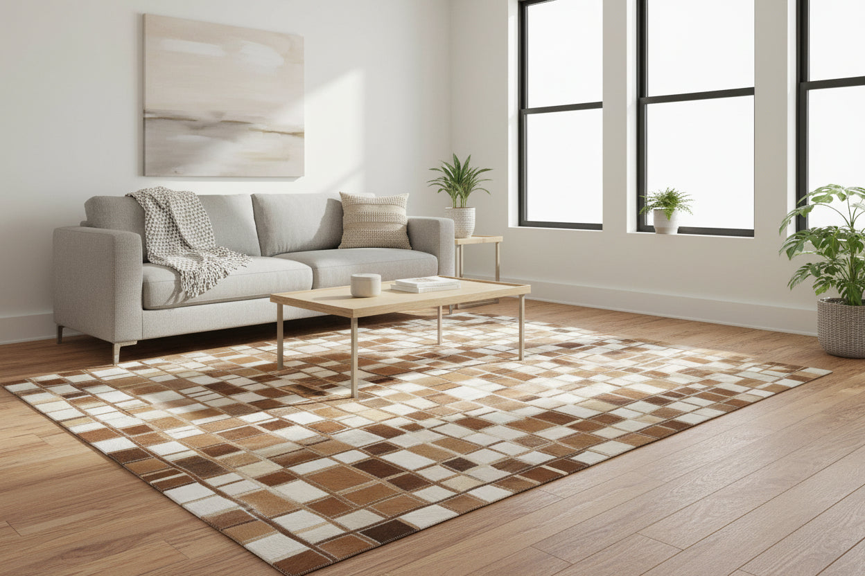 Mosaic Brown & Ivory Handmade Leather Rug – Modern Block Cowhide Patchwork Rug 9062090375317