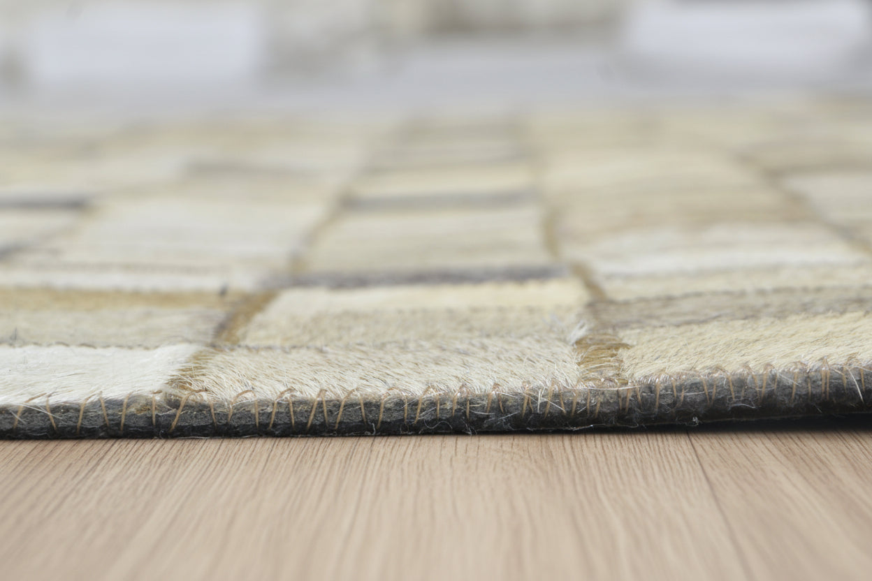 Mosaic Ivory & Gray Handmade Leather Rug - Modern Hand-Stitched Cowhide Patchwork Rug 9062070648981
