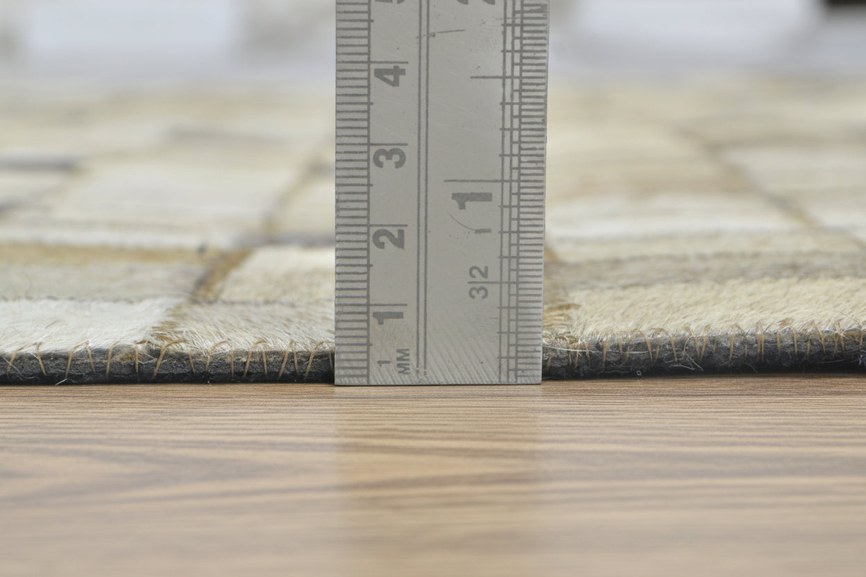 Mosaic Ivory & Gray Handmade Leather Rug - Modern Hand-Stitched Cowhide Patchwork Rug 9062070648981