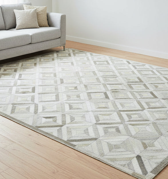 Myra Handmade Gray Leather Diamonds Rug | Modern Patchwork Cowhide Rug 9060911087765