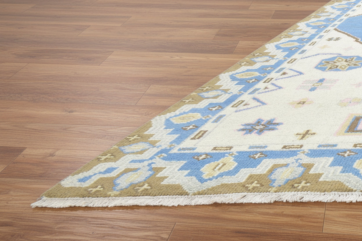 Nacklase Blue Medallion Hand-Knotted Area Rug – Vintage Persian-Style Heriz Serapi Blue / Beige Rug 9194565238933