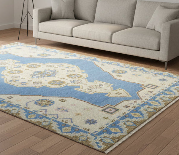 Nacklase Blue Medallion Hand-Knotted Area Rug – Vintage Persian-Style Heriz Serapi Blue / Beige Rug 9194565238933