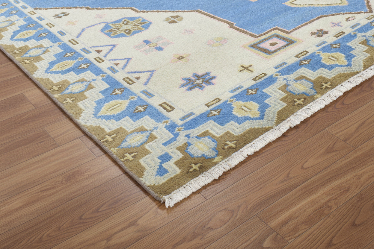 Nacklase Blue Medallion Hand-Knotted Area Rug – Vintage Persian-Style Heriz Serapi Blue / Beige Rug 9194565238933