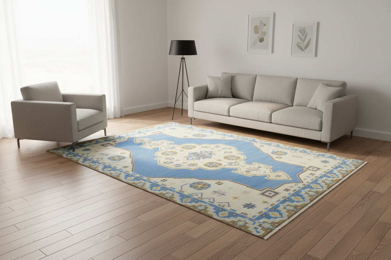 Nacklase Blue Medallion Hand-Knotted Area Rug – Vintage Persian-Style Heriz Serapi Blue / Beige Rug 9194565238933