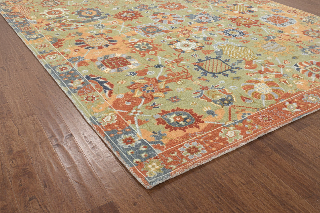 Neve Floral Oushak Handmade Green Area Rug – Traditional Oriental Persian Style Rug 9122050900117