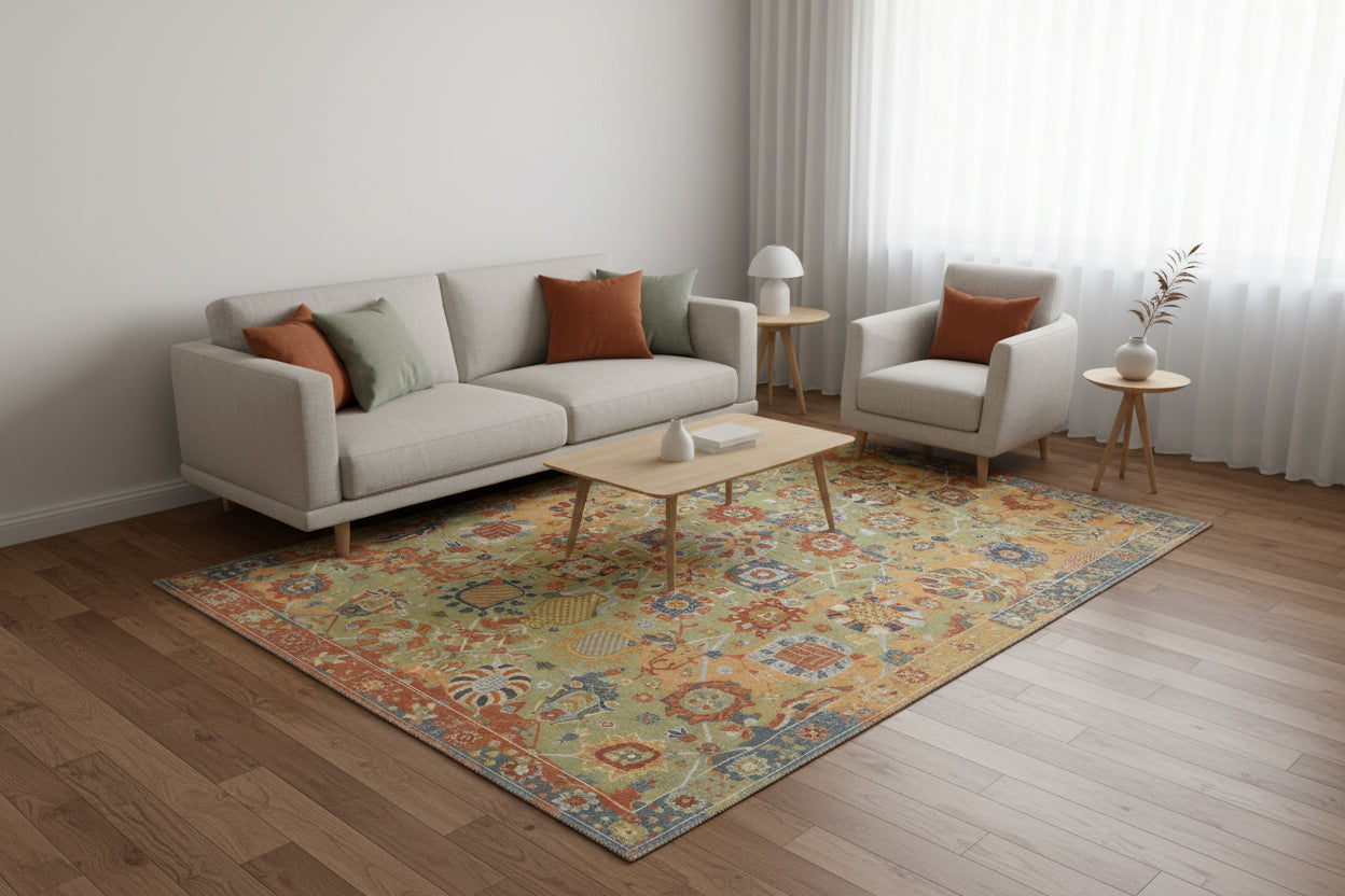 Neve Floral Oushak Handmade Green Area Rug – Traditional Oriental Persian Style Rug 9122050900117