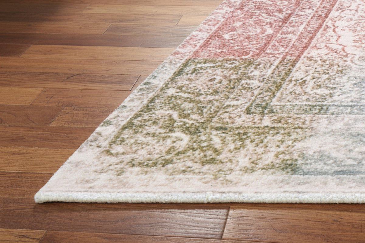 Noor Handmade Medallion Ivory Base Area Rug – Modern Vintage Distressed Style 9176383455381