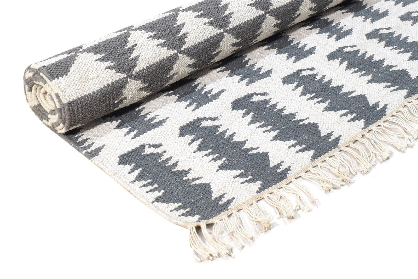 Off-White Wool Rug 5X7 Modern Dhurrie Scandinavian Triangles Room Size Carpet 7865051480213