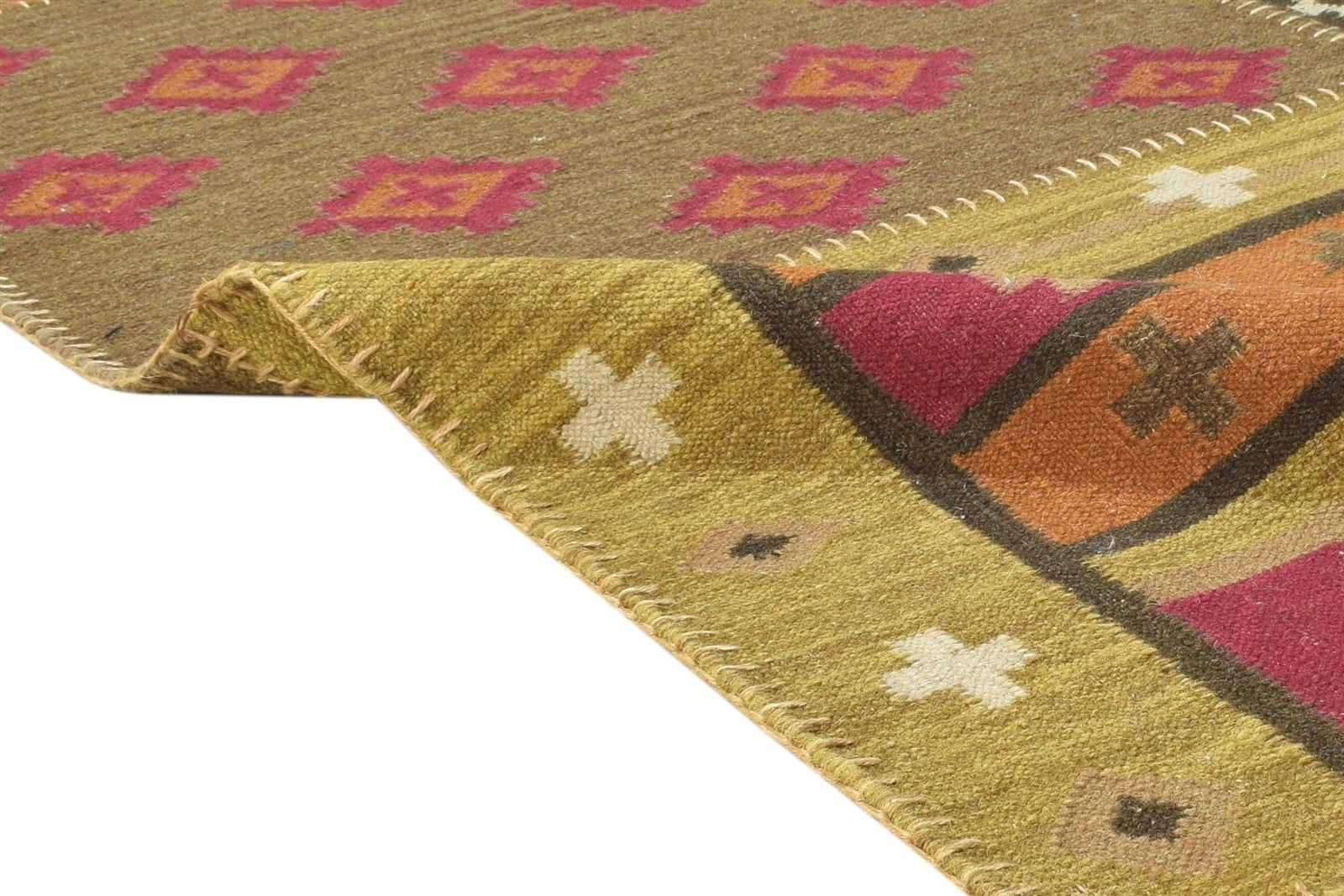 Janice Olive Wool Rug 6' X 8' Southwestern Dhurrie American Tribal 7865032638613