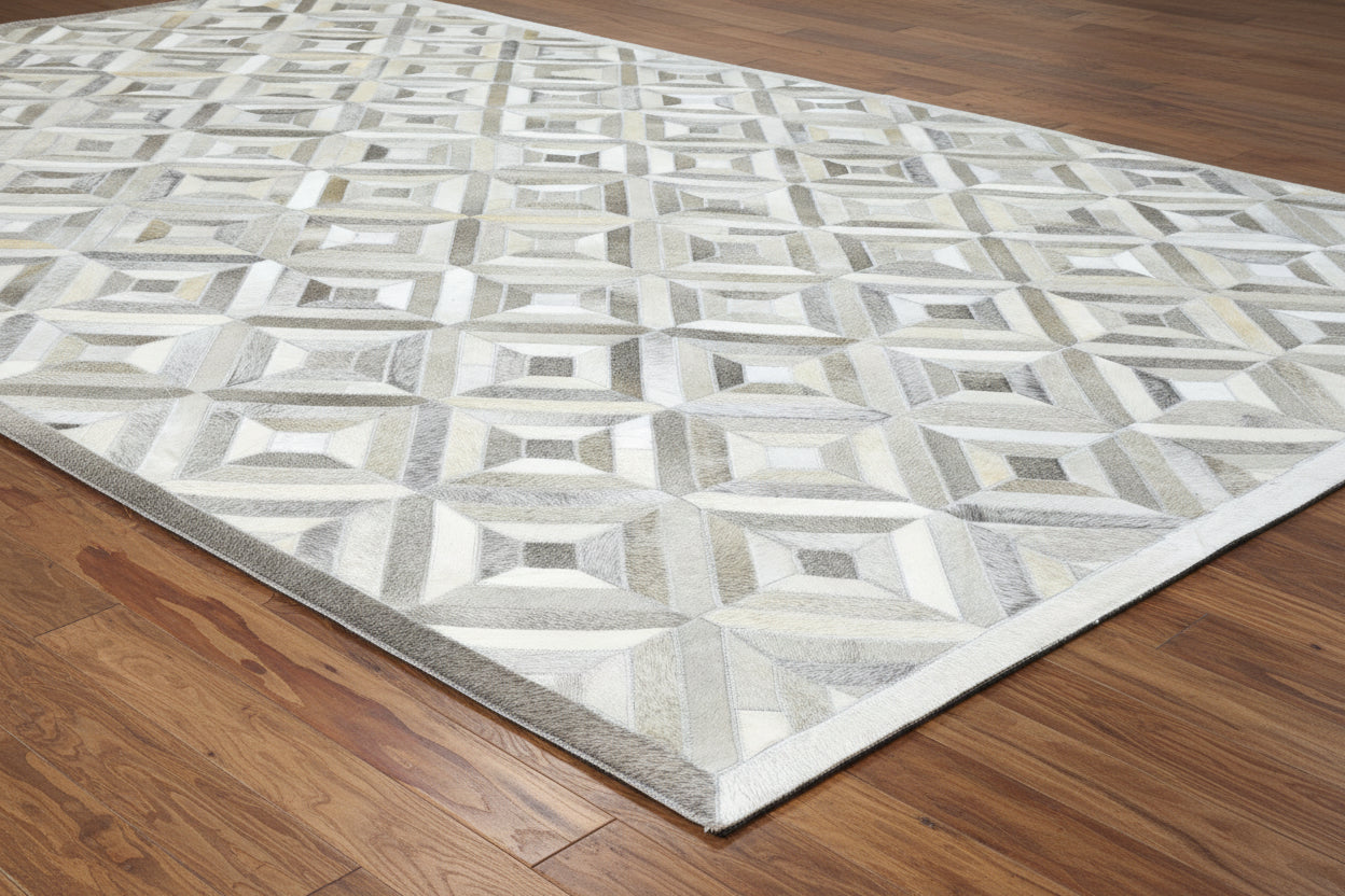 Olivie Handmade Leather Gray Diamond Rug | Modern Patchwork Cowhide Area Rug 9060443521173