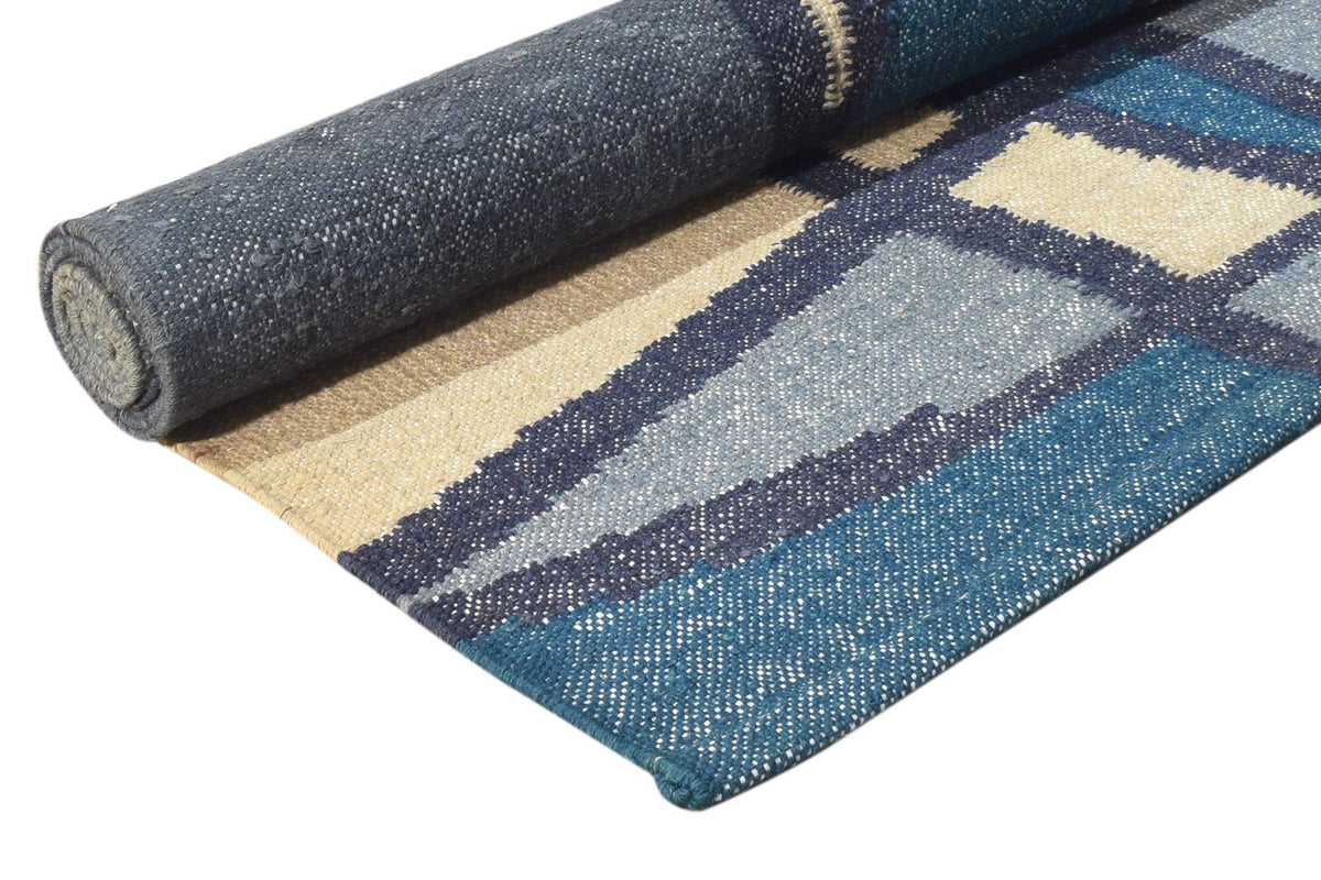 Phillie Wool Blue Rug 3' X 7' Modern Dhurrie American Abstract Runner 7864670716053