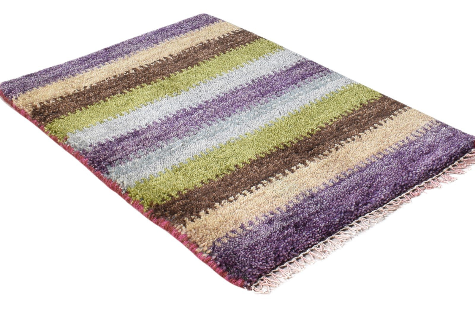 Purple Wool Rug 1' X 2' Southwestern Hand Knotted Gabbeh Striped Small Carpet 7865090310293