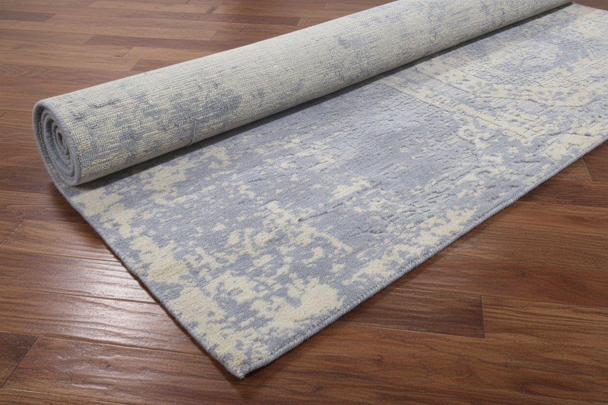 Raksha Khotan Erased Hand Loom Knotted Distressed Area Rug – Slate Blue & Sand Rug 9176276598933