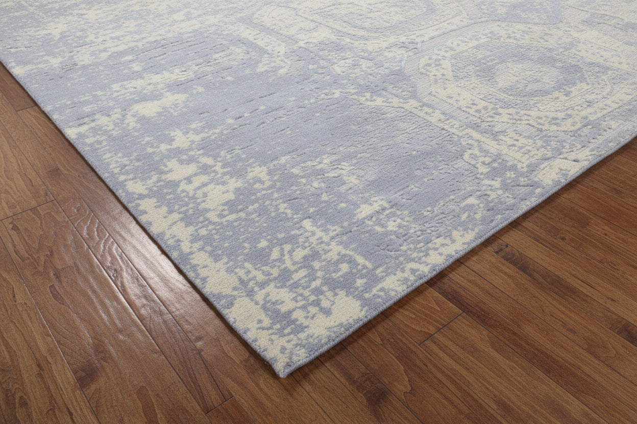 Raksha Khotan Erased Hand Loom Knotted Distressed Area Rug – Slate Blue & Sand Rug 9176276598933