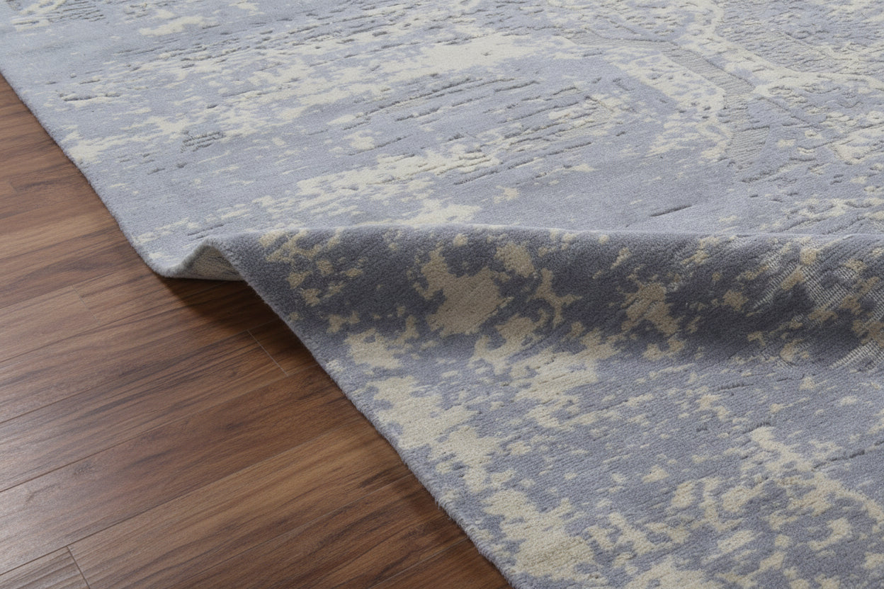 Raksha Khotan Erased Hand Loom Knotted Distressed Area Rug – Slate Blue & Sand Rug 9176276598933