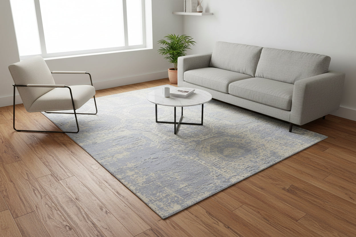 Raksha Khotan Erased Hand Loom Knotted Distressed Area Rug – Slate Blue & Sand Rug 9176276598933