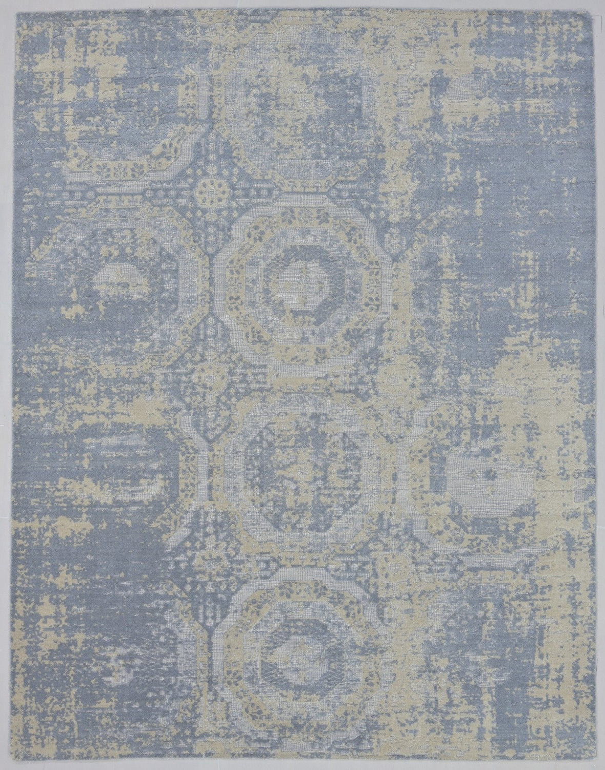 Raksha Khotan Erased Hand Loom Knotted Distressed Area Rug – Slate Blue & Sand Rug 9176276598933