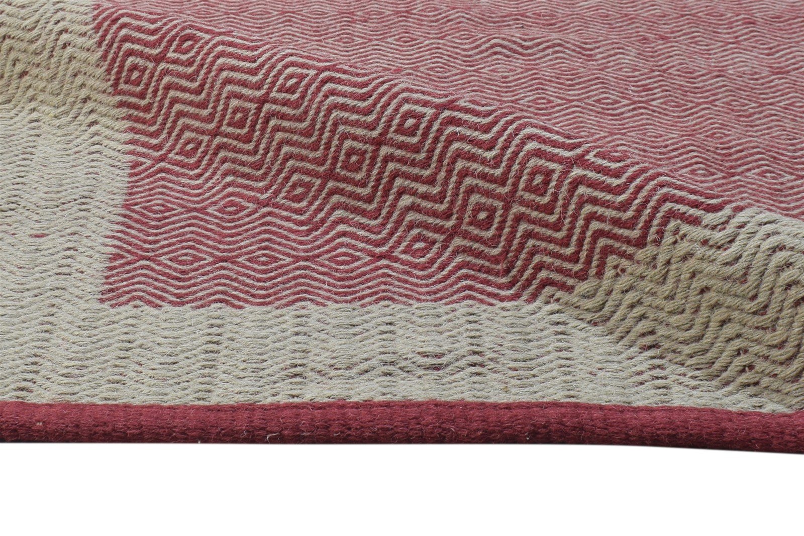 Red Wool Rug 4' X 6' Modern Dhurrie Scandinavian Bordered Room Size Carpet 7864672092309