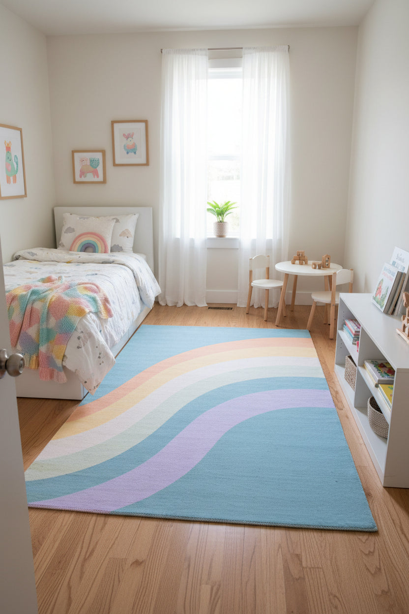 Retro Blue Pastel Rainbow Wave Area Rug – Handmade Kids Nursery Soft Rug 9030842712213