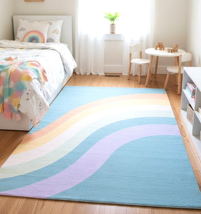 Retro Blue Pastel Rainbow Wave Area Rug – Handmade Kids Nursery Soft Rug 9030842712213
