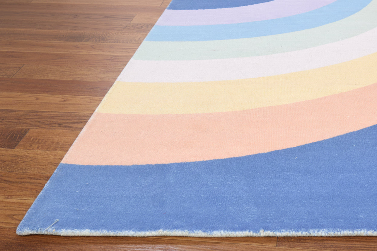 Retro Navy Blue Pastel Rainbow Wave Area Rug – Handmade Kids Nursery Rug 9033301229717