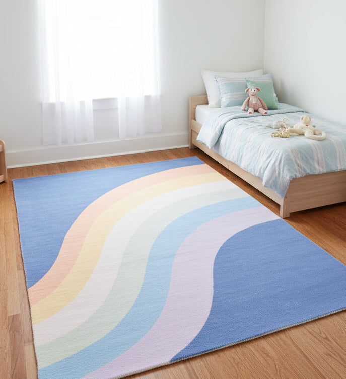 Retro Navy Blue Pastel Rainbow Wave Area Rug – Handmade Kids Nursery Rug 9033301229717