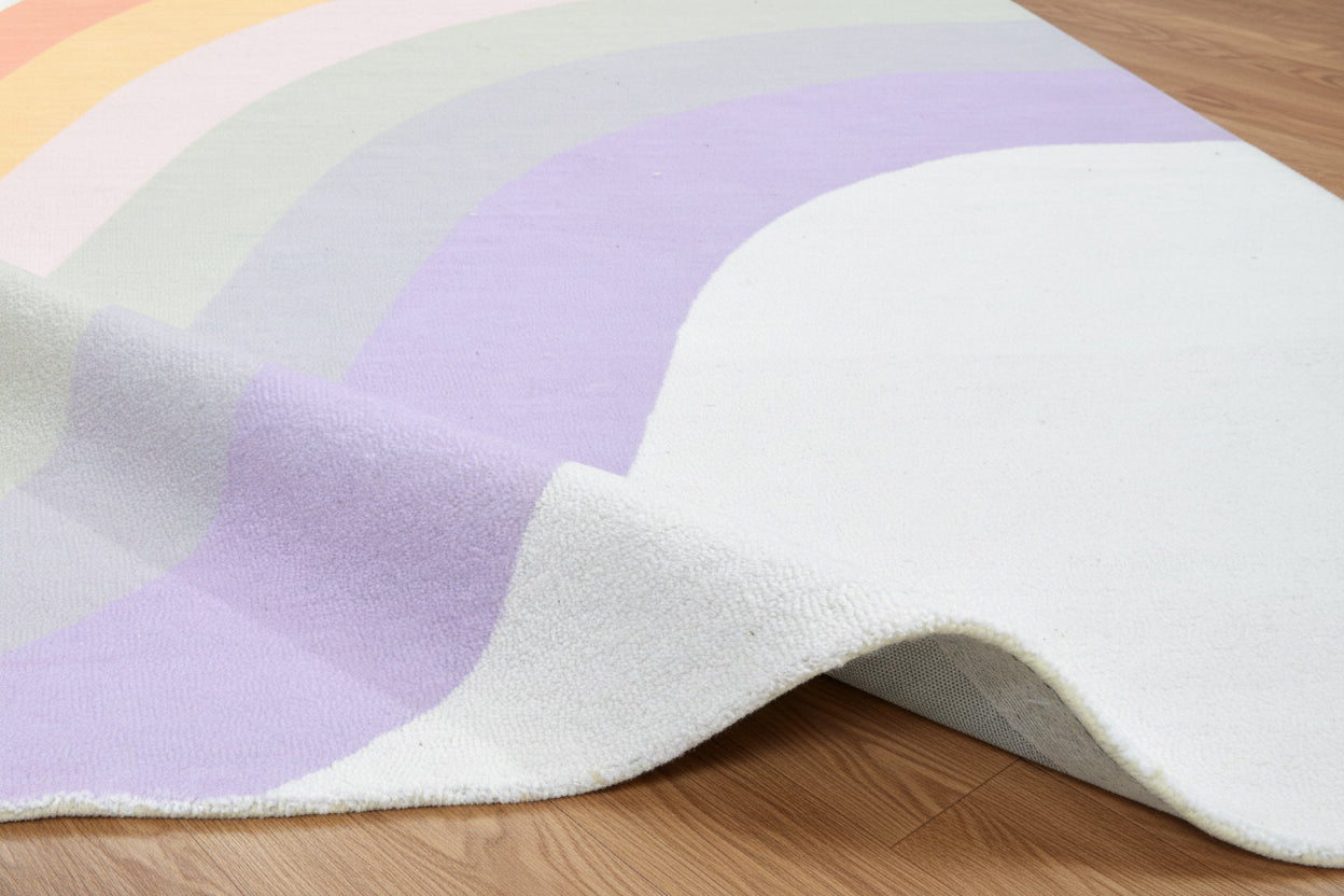 Retro Off White Pastel Rainbow Wave Area Rug – Handmade Kids Nursery Soft Rug 9032254881941