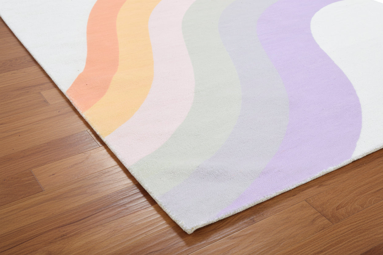 Retro Off White Pastel Rainbow Wave Area Rug – Handmade Kids Nursery Soft Rug 9032254881941