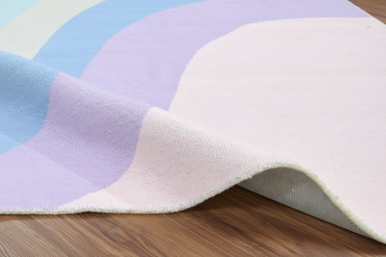 Retro Pink Pastel Rainbow Wave Area Rug – Handmade Kids Nursery Rug 9033315156117