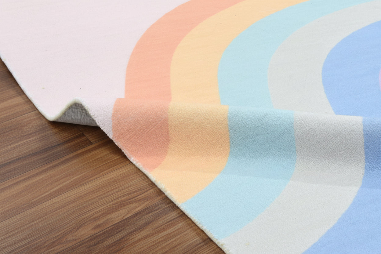 Retro Pink Pastel Rainbow Wave Area Rug – Handmade Kids Nursery Rug 9033315156117