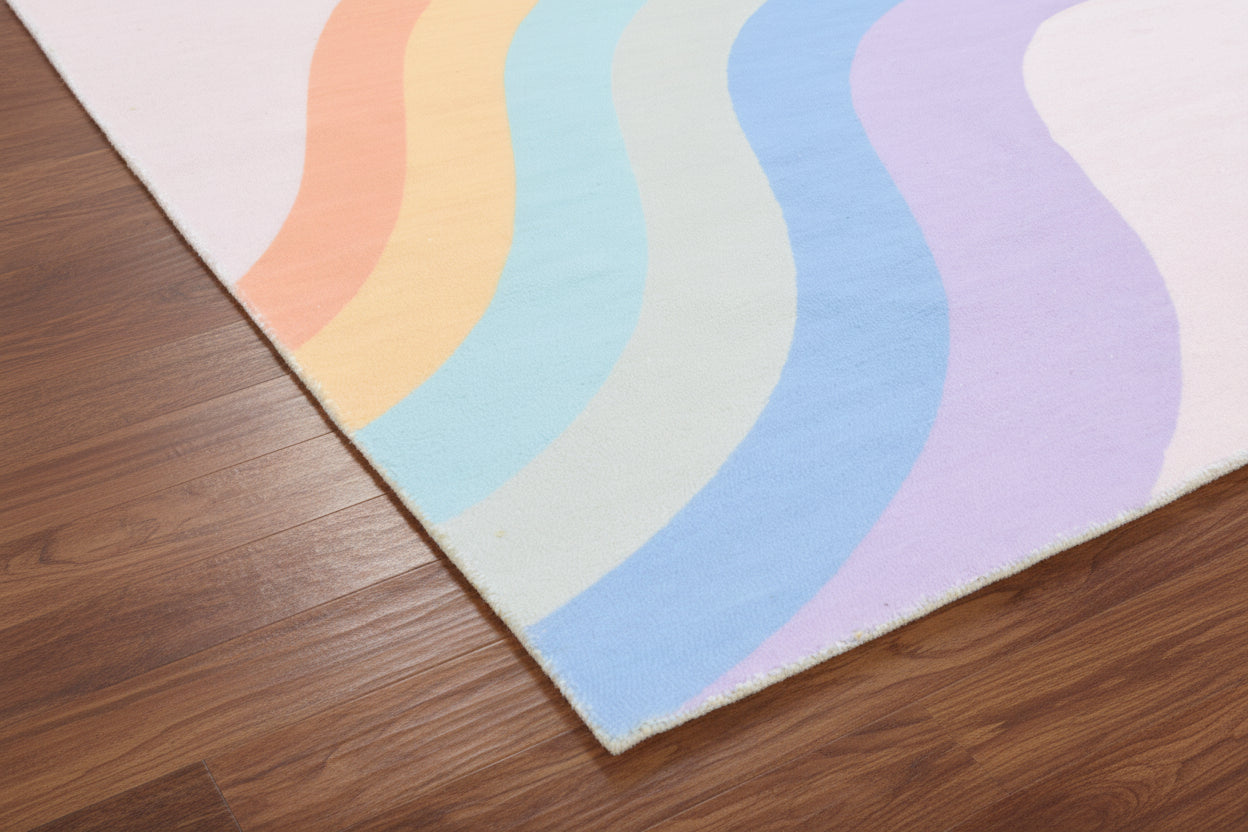 Retro Pink Pastel Rainbow Wave Area Rug – Handmade Kids Nursery Rug 9033315156117
