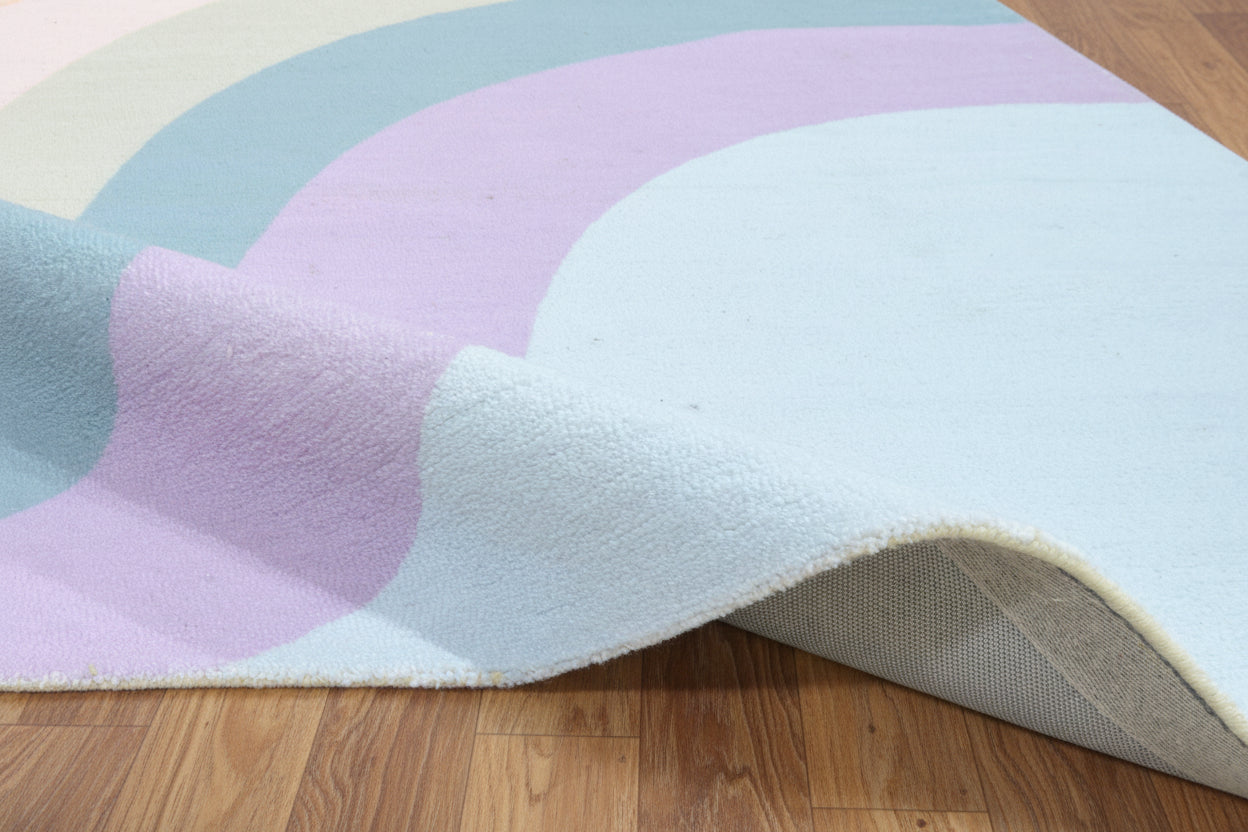 Retro Sky Blue Pastel Rainbow Wave Area Rug – Handmade Kids Nursery Soft Rug 9032017576085
