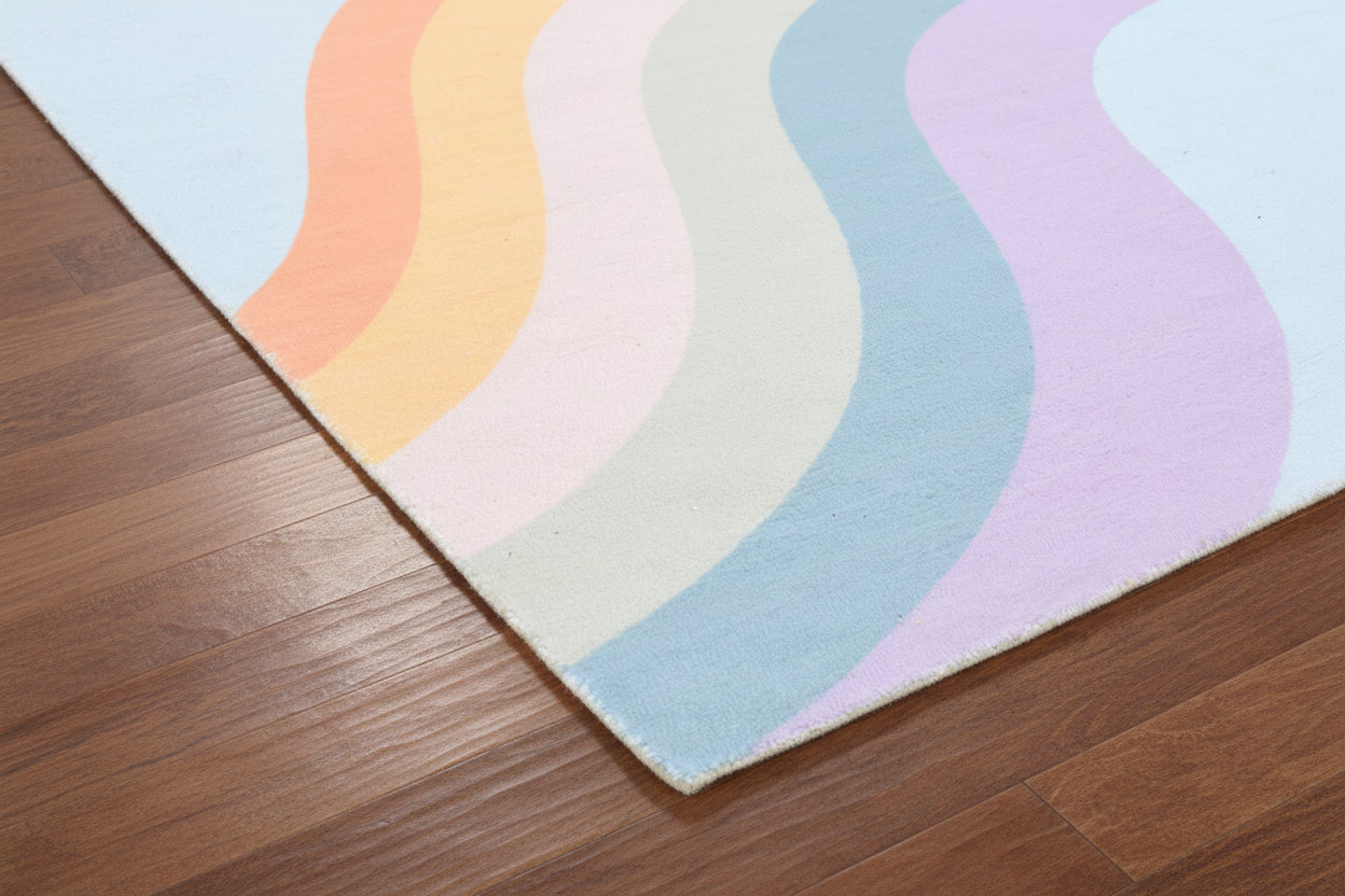 Retro Sky Blue Pastel Rainbow Wave Area Rug – Handmade Kids Nursery Soft Rug 9032017576085