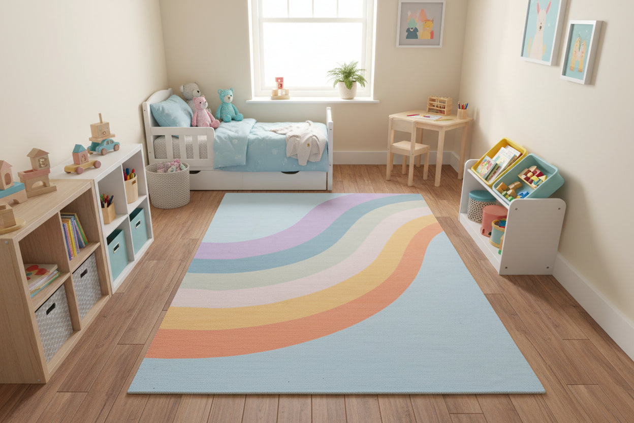 Retro Sky Blue Pastel Rainbow Wave Area Rug – Handmade Kids Nursery Soft Rug 9032017576085