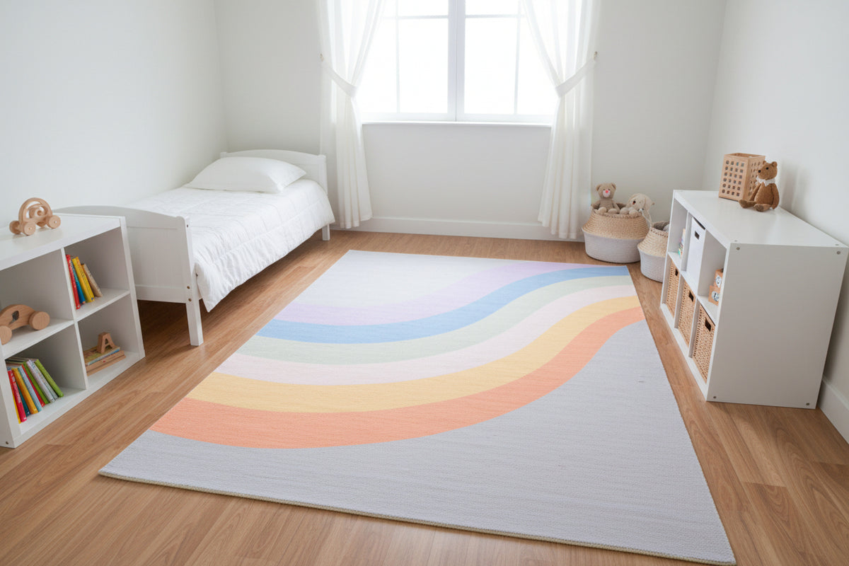 Retro Soft Gray Pastel Rainbow Wave Area Rug – Handmade Kids Nursery Soft Rug 9033342419093