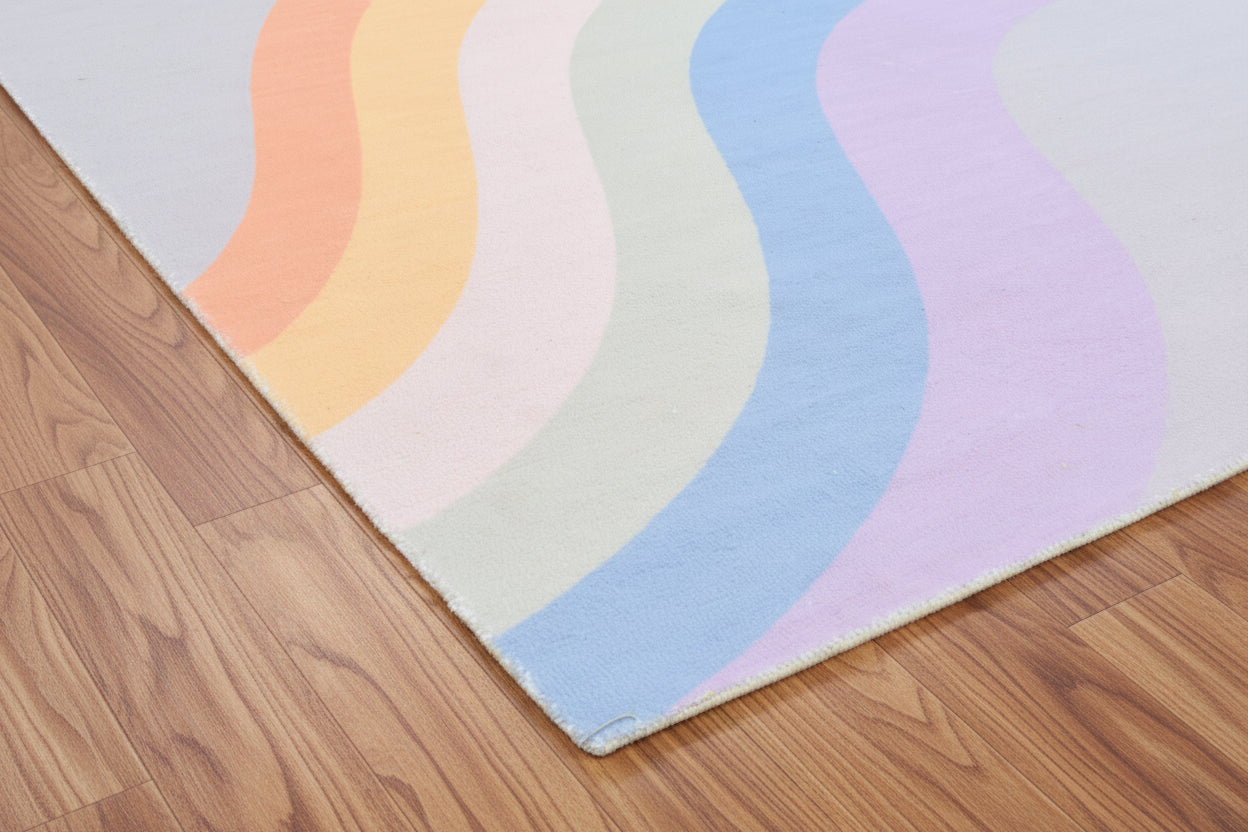 Retro Soft Gray Rainbow Wave Area Rug – Handmade Kids Nursery Rug 9033342419093