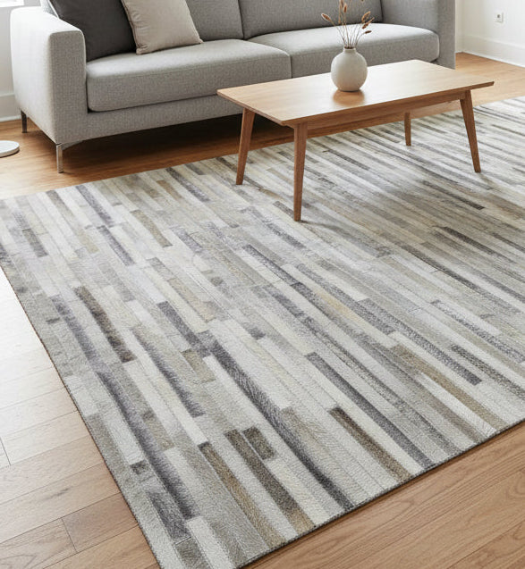 Rhiamon Handmade Grey Sand Leather Striped Rug - Modern Patchwork Cowhide Area Rug 7864251711637