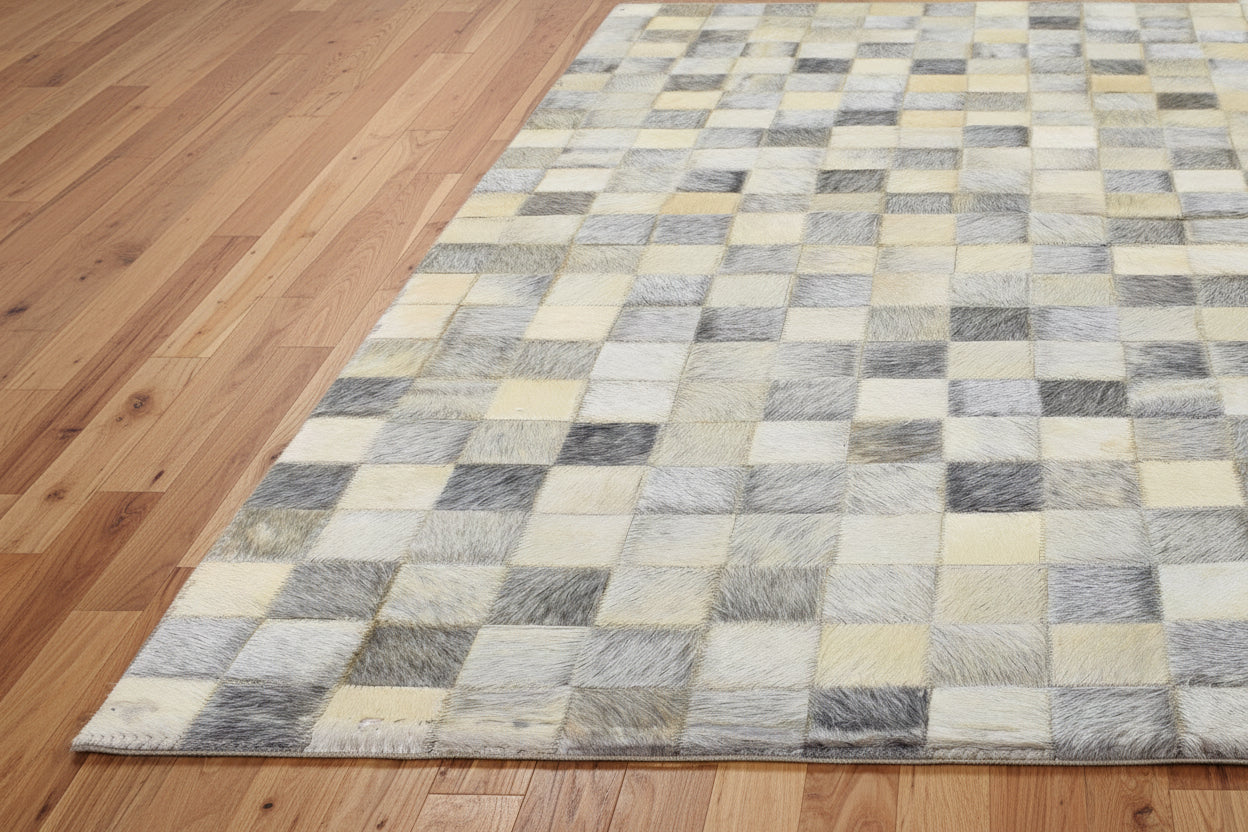 Rochella Handmade Leather Checkerboard Beige Rug | Modern Patchwork Checkered Cowhide Area Rug 7864583618709