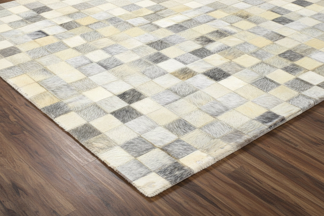 Rochella Handmade Leather Checkerboard Beige Rug | Modern Patchwork Checkered Cowhide Area Rug 7864583618709